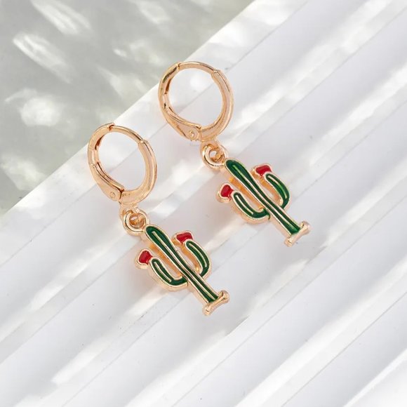 Gold & Green Desert Cactus Western Southwestern Dangle Huggie Earrings NEW - Picture 3 of 7